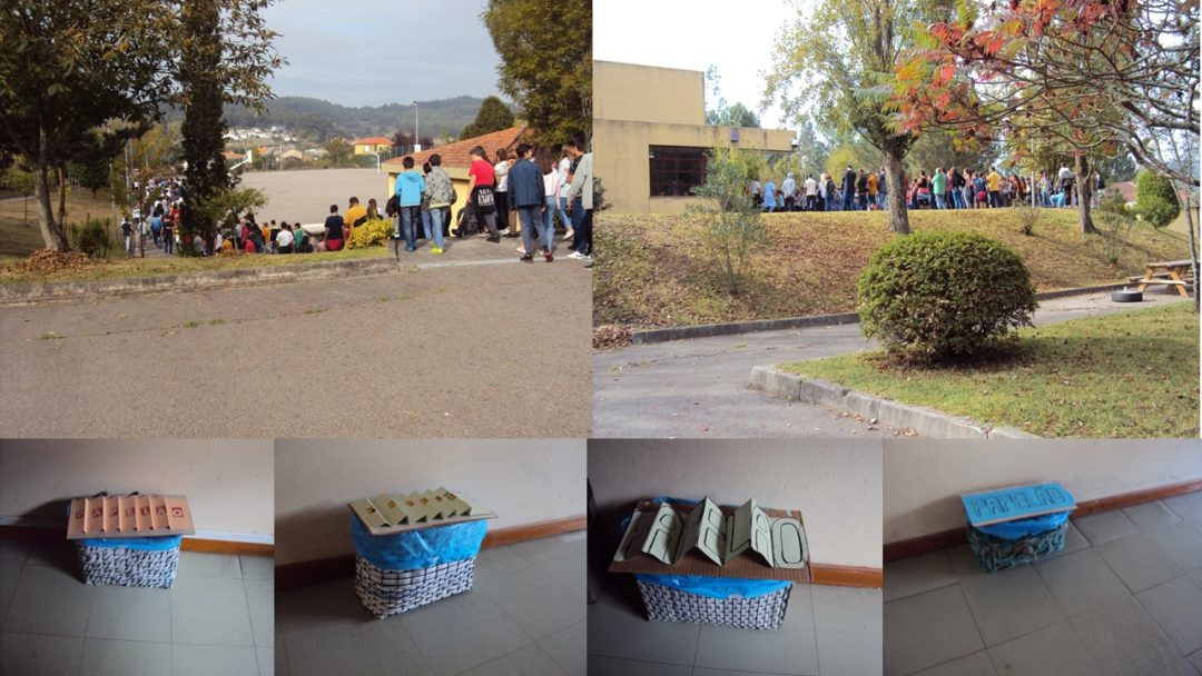 Caminhada dentro da escola e a colocação dos ecopontos azuis remodelados na salas de aula