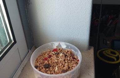 Este pequeno almoço contém cerais comprados a granel numa loja em Leiria. Já o iogurte é natural e feito pela Maria.